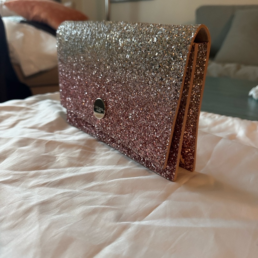 Jimmy Choo pink ombré glitter clutch with chain (has issues)